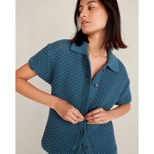 Haven Well Within Organic Cotton Knot Stitch Collared Sweater Cardigan Blue XL